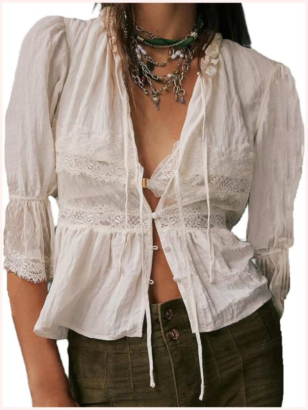 Boho Lace Trim White Peasant Blouse